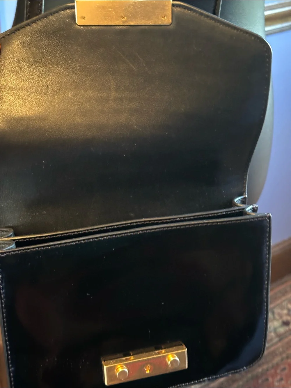 Tory Burch mini Juliette Black Patent Leather Crossbody Bag with Gold Hardware
